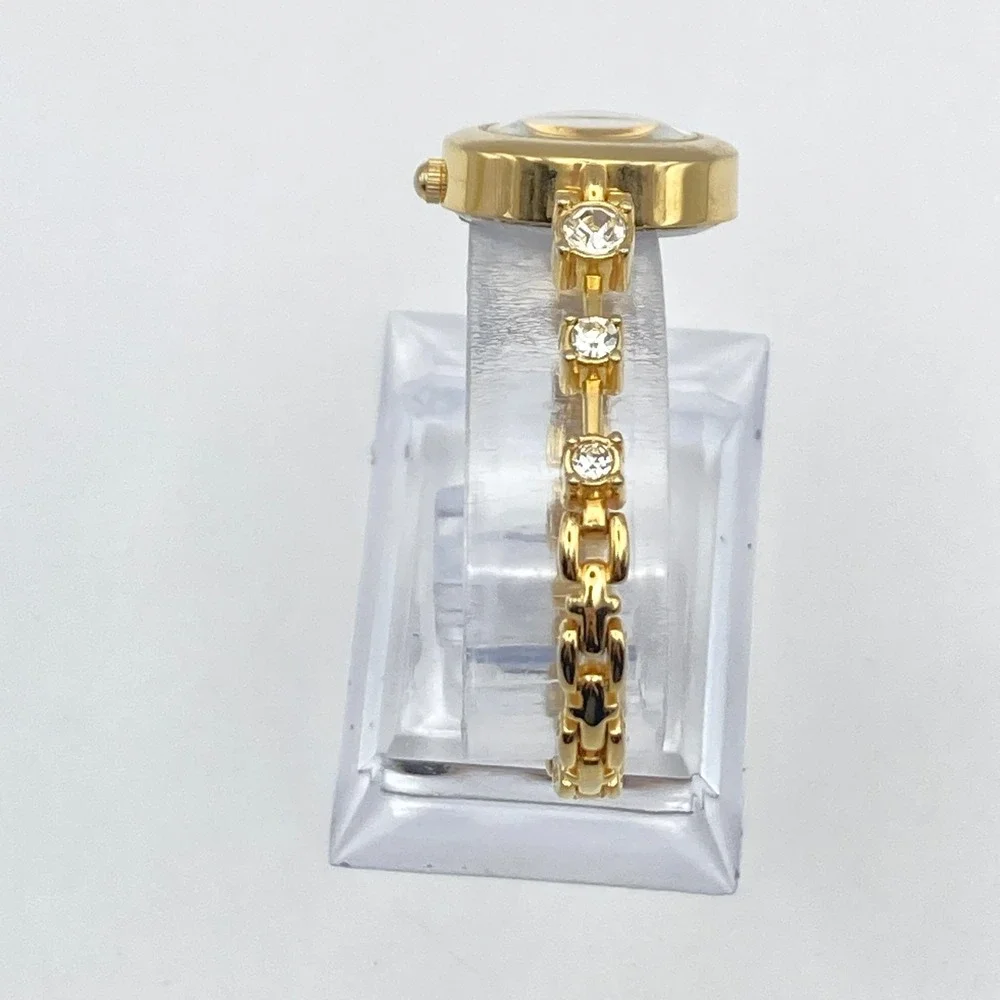 Lei Women's Watch Tennis Bracelet Gold Tone 23mm Crystals New Battery SMALL 6